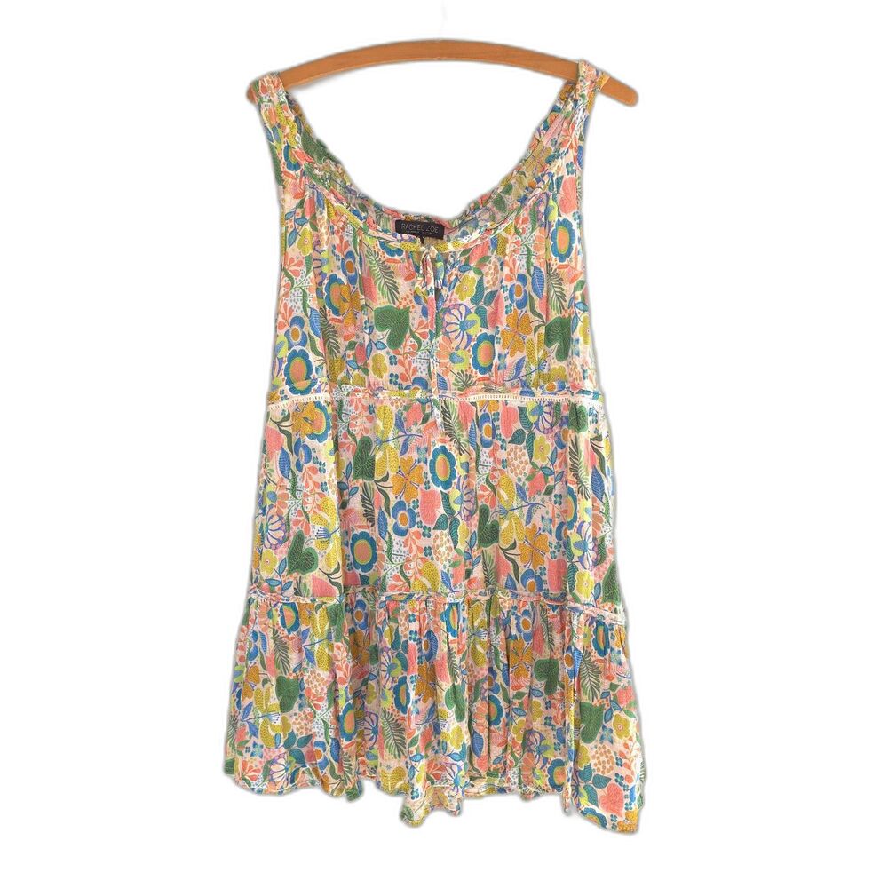 Rachel Zoe Floral Multi Colored Tank Dress Tiered Babydoll Flare Ruffle Boho S